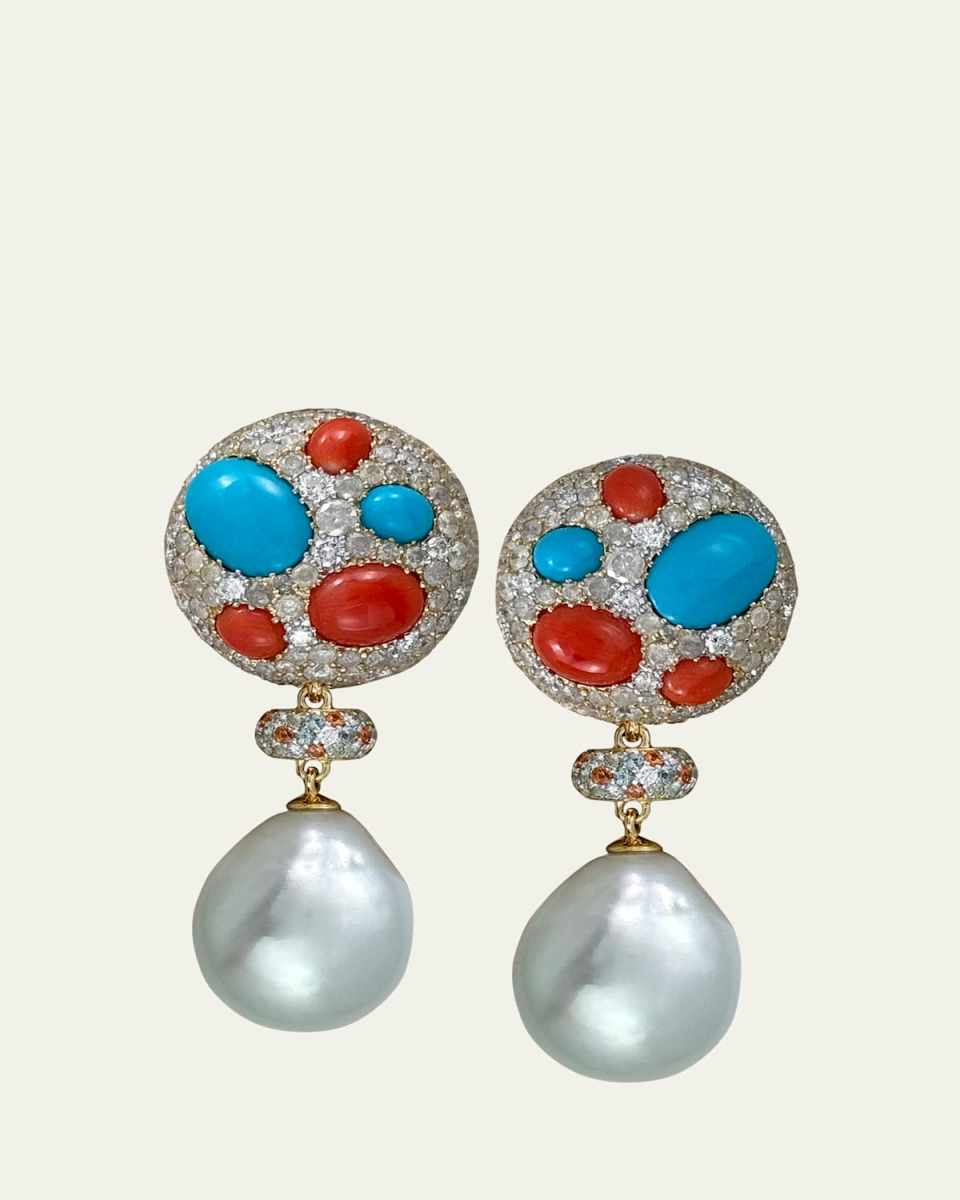 Coral, Turquoise, Diamond, Multi-Stone, and Pearl Drop Earrings